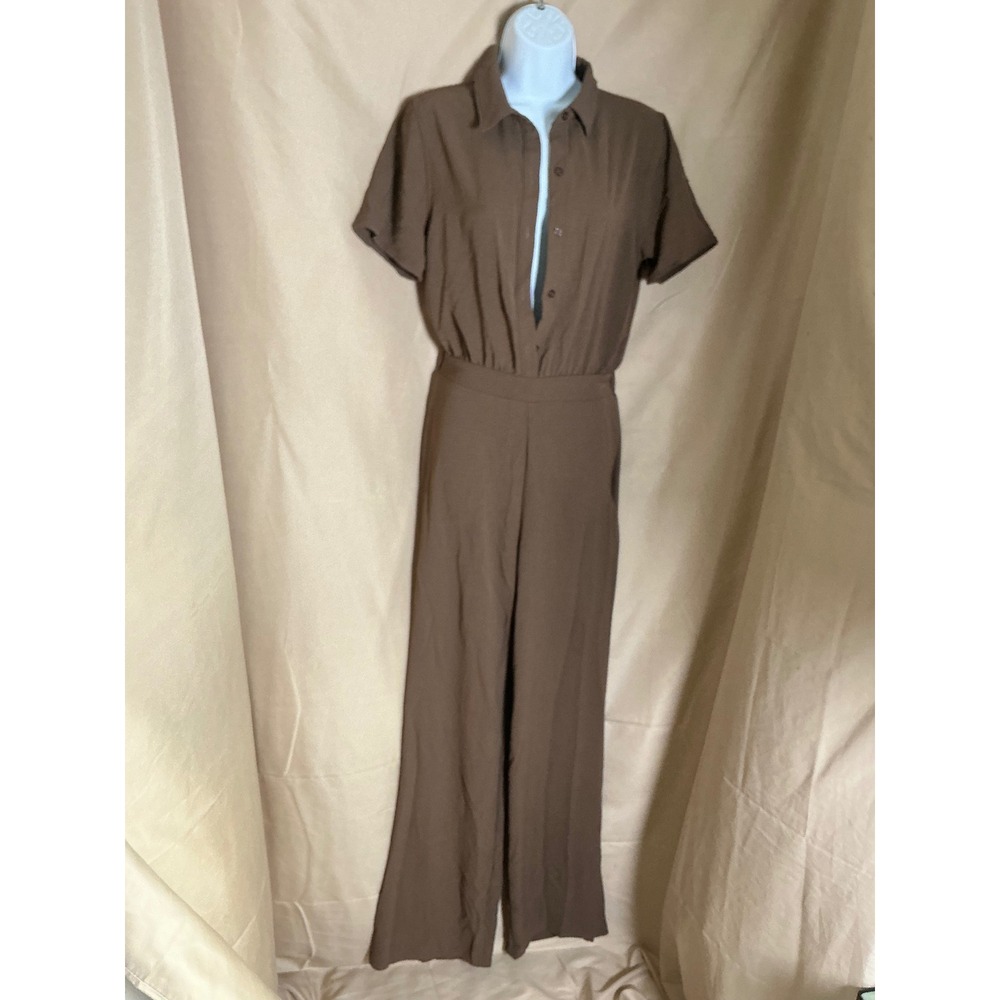 Fashion Nova Makenzie Jumpsuit Small Brown NEW Short Sleeve Wide Leg Collared